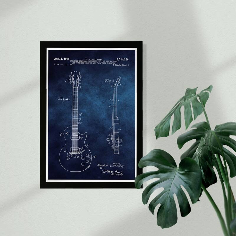 Wynwood Studio Music and Dance Framed Wall Art Prints 'Gibson Les Paul Guitar 1955 Blue ' Music Instruments - Blue, White