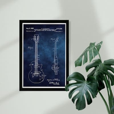 Wynwood Studio Music and Dance Framed Wall Art Prints 'Gibson Les Paul Guitar 1955 Blue ' Music Instruments - Blue, White