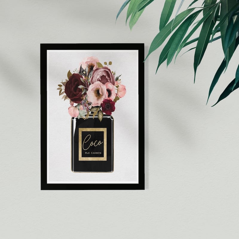 Wynwood Studio Fashion and Glam Framed Wall Art Prints 'Blush Floral Perfume' Perfumes Home Décor - Black, Pink