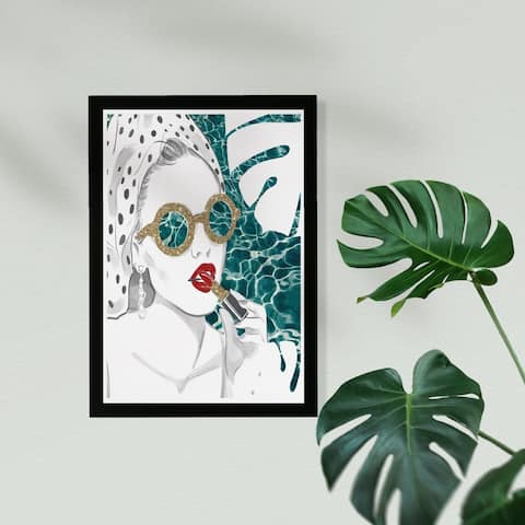 Wynwood Studio Fashion and Glam Framed Wall Art Prints 'Poolside Girl' Makeup Home Décor - Red, Gold