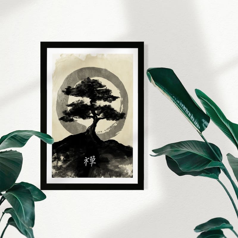 Wynwood Studio World and Countries Framed Wall Art Prints 'Ink Zen' Asian Cultures Home Décor - Black, White