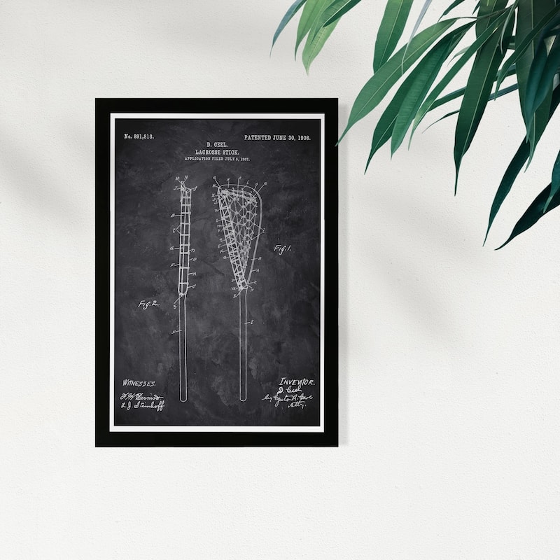 Wynwood Studio Sports and Teams Framed Wall Art Prints 'Lacrosse-Stick 1907 Chalkboard' Lacrosse Home Décor - Black, White