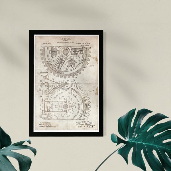 slide 1 of 4, Wynwood Studio Classic and Figurative Framed Wall Art Prints 'Gearing 1912 Parchment' Classic Home Décor - Brown, Brown