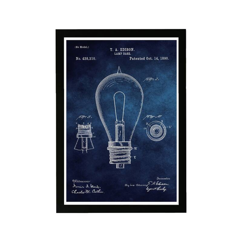 Wynwood Studio Symbols and Objects Framed Wall Art Prints 'Edison Lamp Base 1890 Blue Chalkboard' Engineer - Blue, White