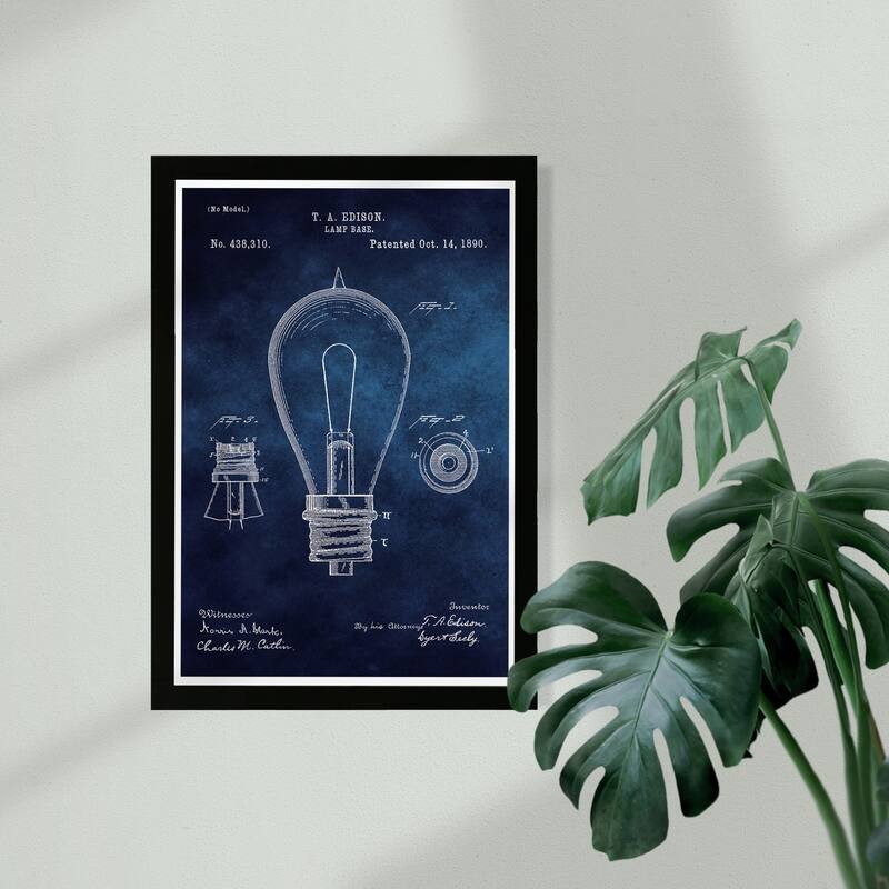 Wynwood Studio Symbols and Objects Framed Wall Art Prints 'Edison Lamp Base 1890 Blue Chalkboard' Engineer - Blue, White