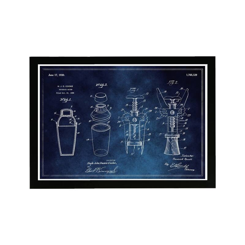 Wynwood Studio Drinks and Spirits Framed Wall Art Prints 'Cocktail Mixer and Cork Extractor 1930 Blue ' Bar - Blue, White
