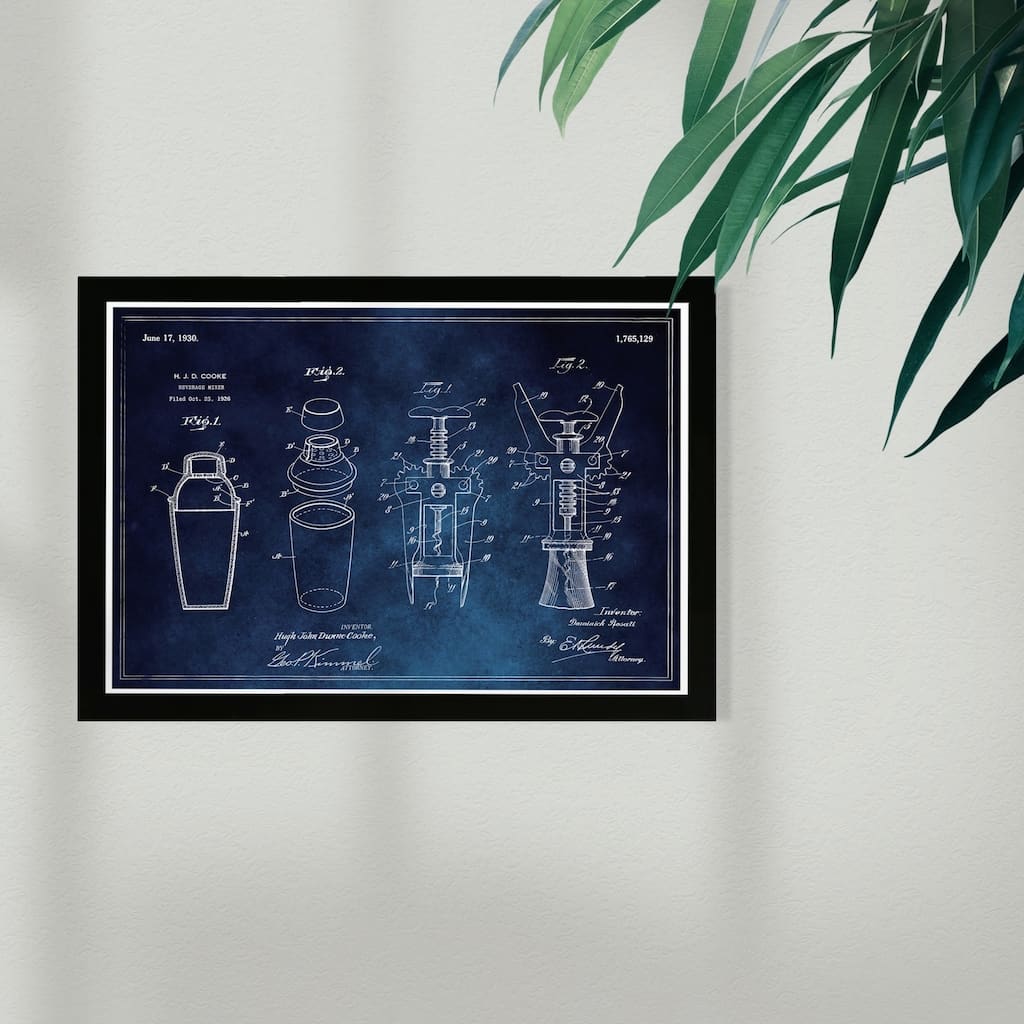 Wynwood Studio Drinks and Spirits Framed Wall Art Prints 'Cocktail Mixer and Cork Extractor 1930 Blue ' Bar - Blue, White