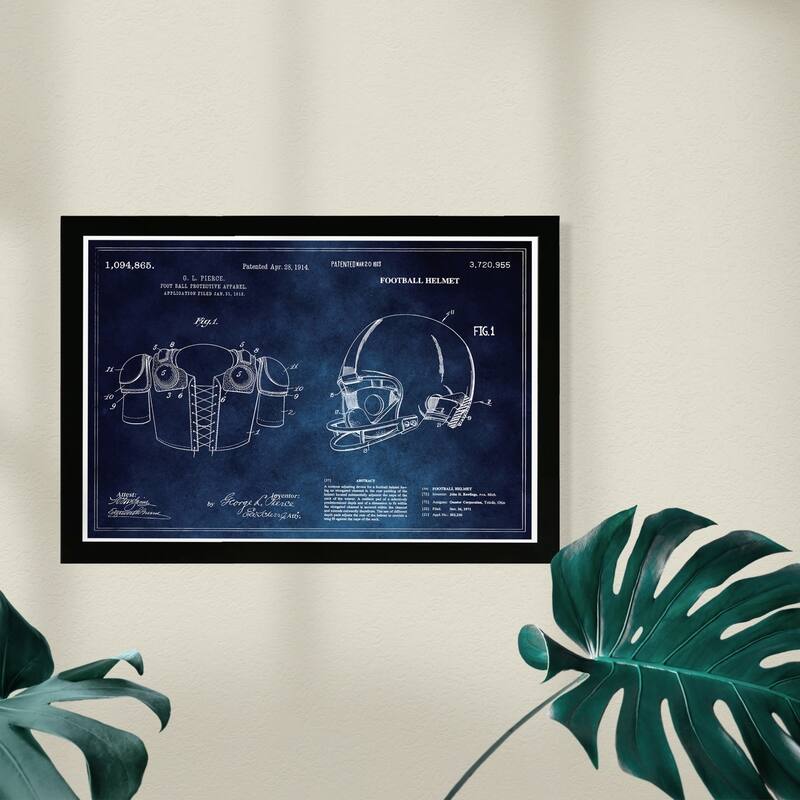 Wynwood Studio Sports and Teams Framed Wall Art Prints 'Football Helmet and Apparel Blue Chalkboard' Football - Blue, White
