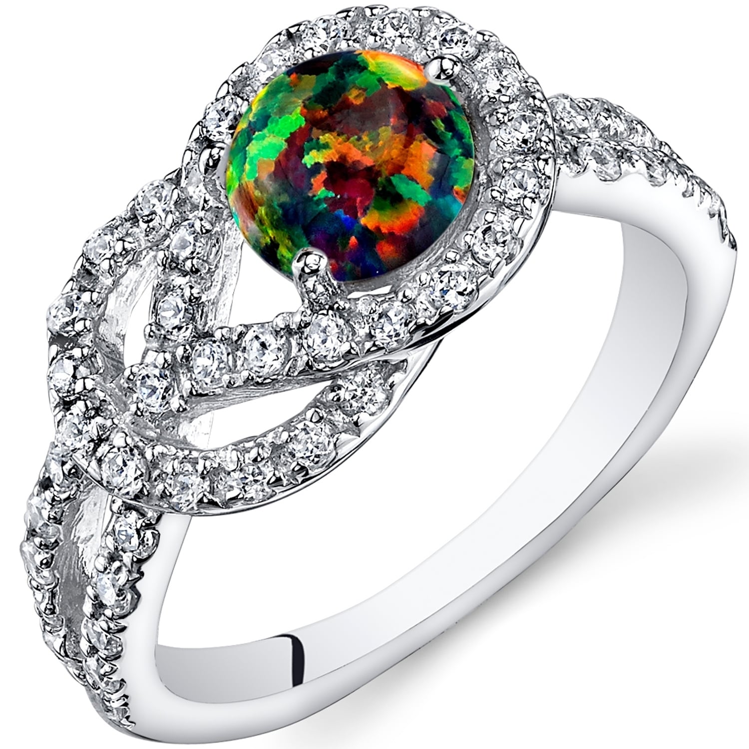 Black Opal /& Diamond Round Ring .925 Sterling Silver