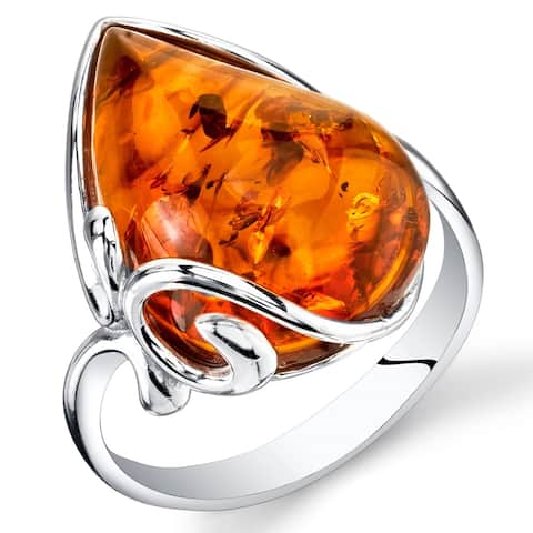 Large Amber Teardrop Ring in Sterling Silver