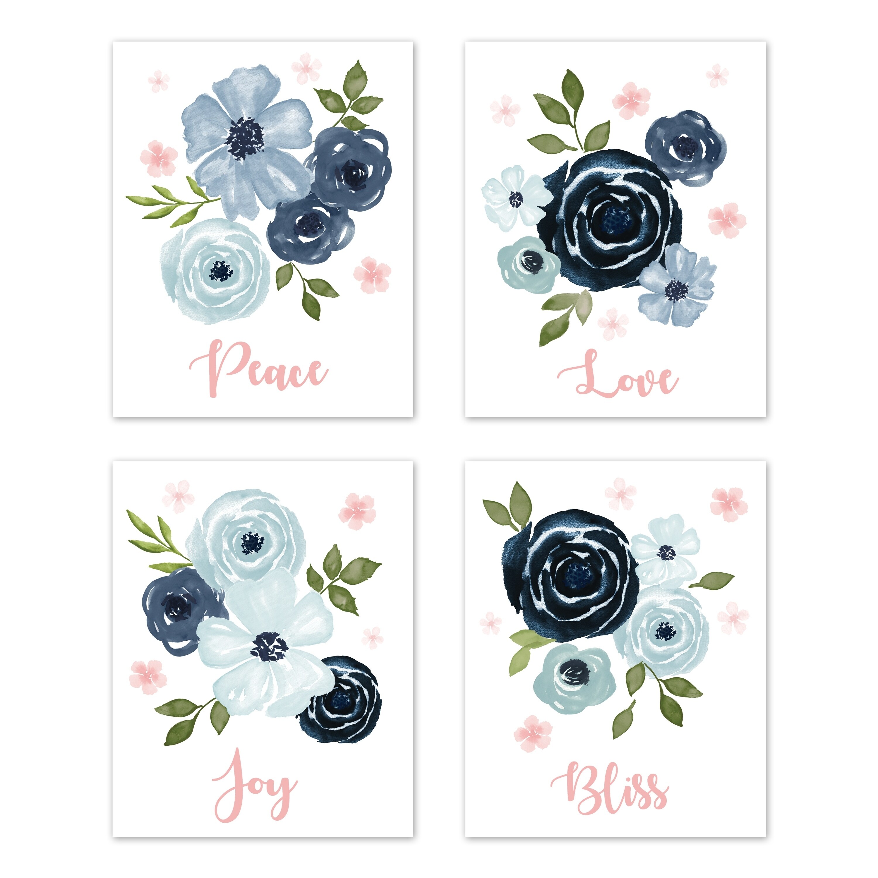 Sweet Jojo Designs Navy Blue And Pink Watercolor Floral Wall Art Prints (Set Of 4) - Blush Green White Shabby Chic Rose Flower - Overstock - 30260066