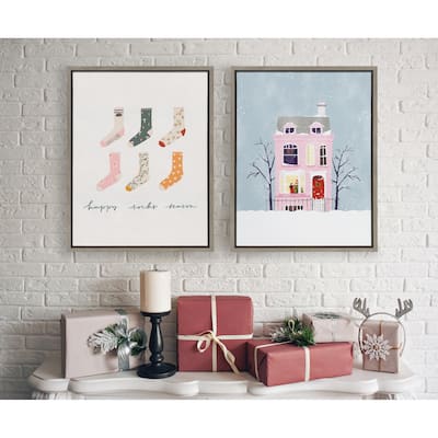 Kate and Laurel Sylvie Christmas Pink House Canvas by Mia Charro