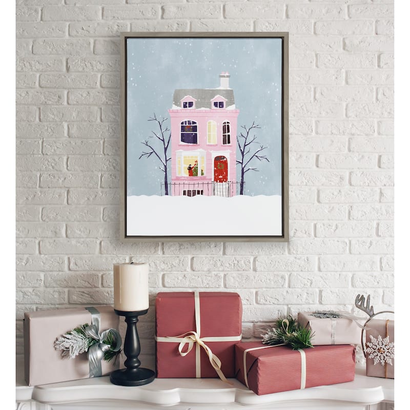 Kate and Laurel Sylvie Christmas Pink House Canvas by Mia Charro