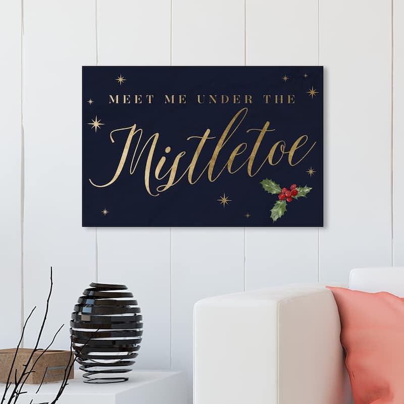 Wynwood Studio Holiday and Seasonal Wall Art Canvas Prints 'Meet Me Under the Mistletoe' Christmas Home Décor - Blue, Gold - 30 x 20