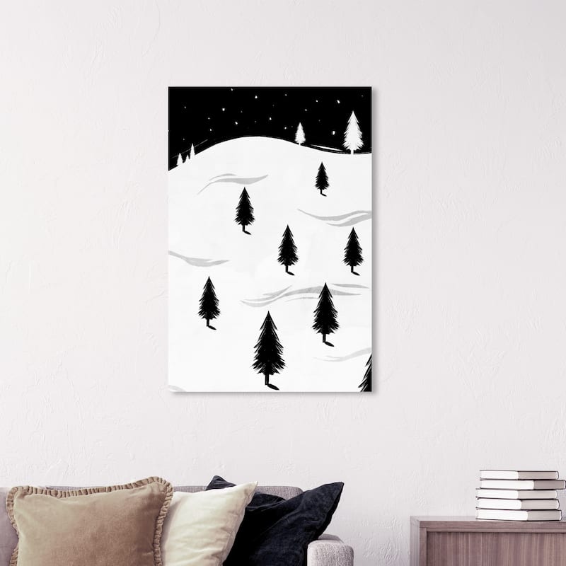 Wynwood Studio Holiday and Seasonal Wall Art Canvas Prints 'Pine Tree Landscape' Christmas Home Décor - Black, White - 24 x 36