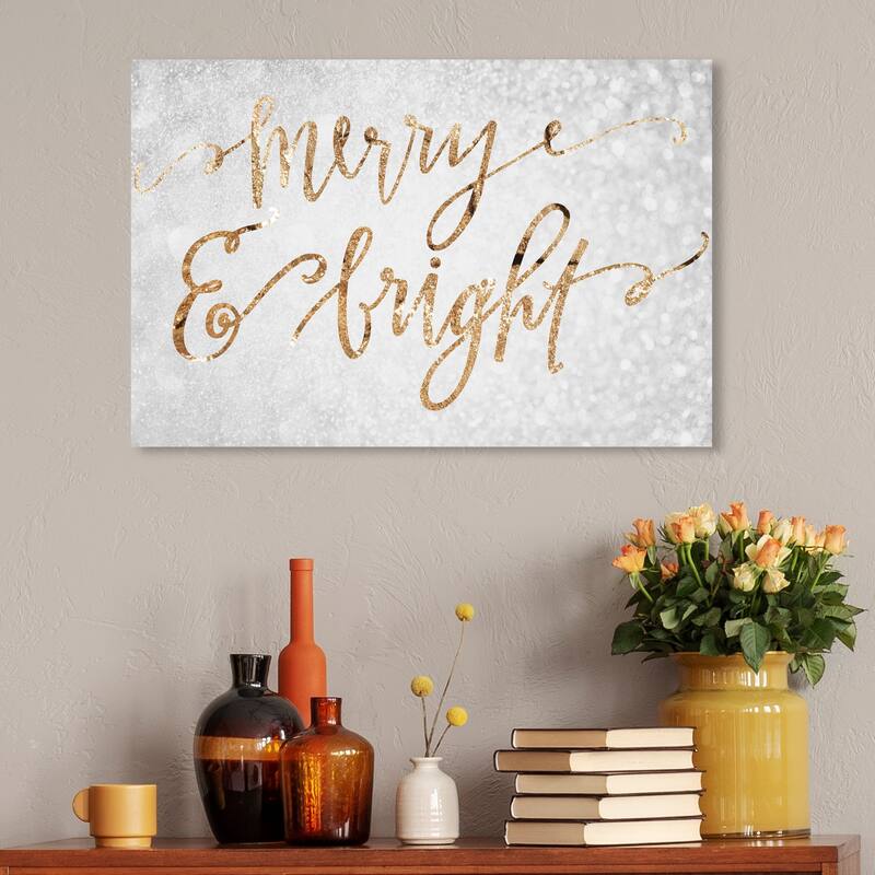 Wynwood Studio Holiday and Seasonal Wall Art Canvas Prints 'Merry & Bright' Christmas Home Décor - Gray, Gold - 30 x 20