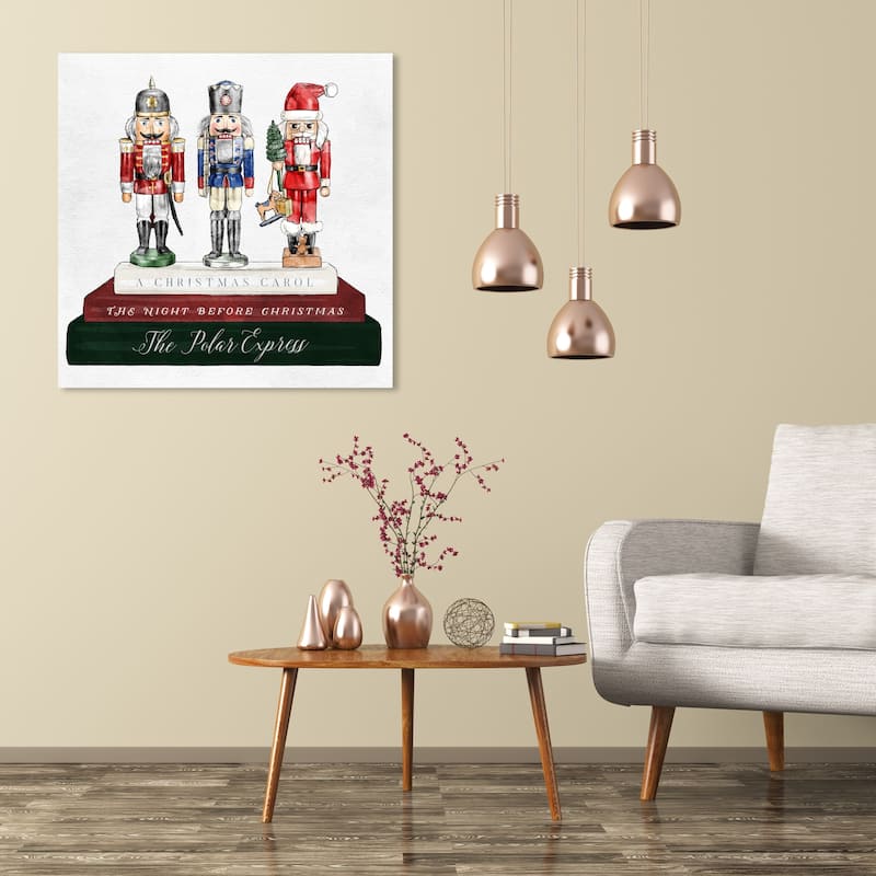 Wynwood Studio Holiday and Seasonal Wall Art Canvas Prints 'Holiday Nutcracker Books' Christmas Home Décor - Green, Red