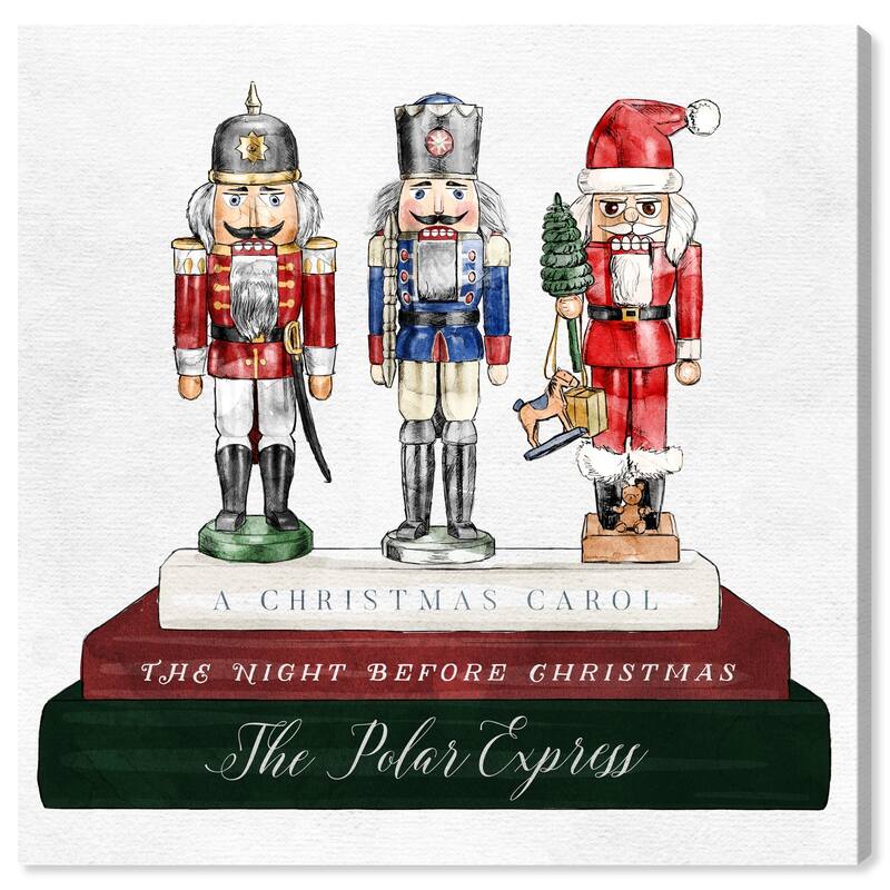 Wynwood Studio Holiday and Seasonal Wall Art Canvas Prints 'Holiday Nutcracker Books' Christmas Home Décor - Green, Red