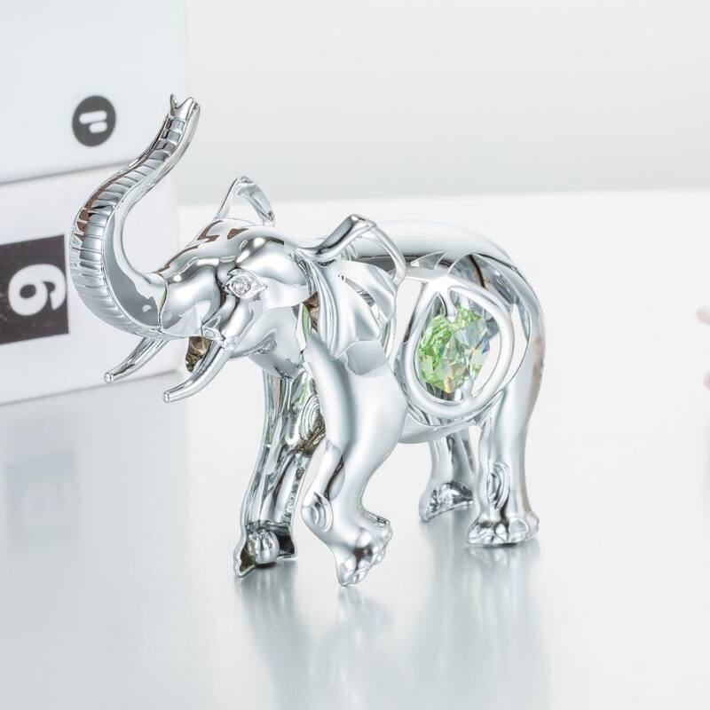 Matashi Home Decorative Showpiece Chrome Plated Silver Elephant with Open Mouth Ornament with Mint Green and Clear-Cut Crystals