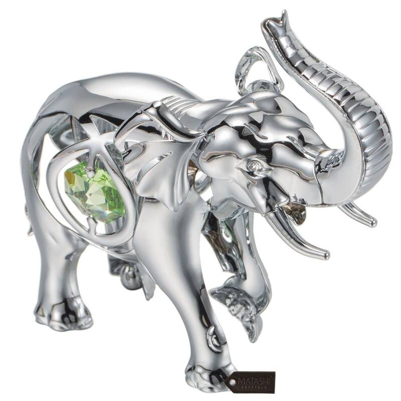 Matashi Home Decorative Showpiece Chrome Plated Silver Elephant with Open Mouth Ornament with Mint Green and Clear-Cut Crystals