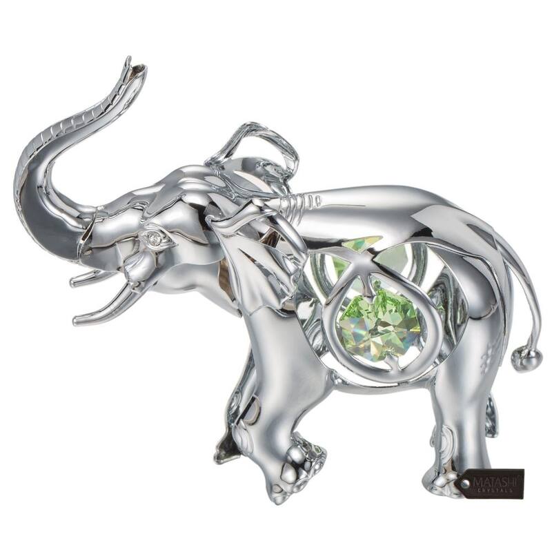Matashi Home Decorative Showpiece Chrome Plated Silver Elephant with Open Mouth Ornament with Mint Green and Clear-Cut Crystals