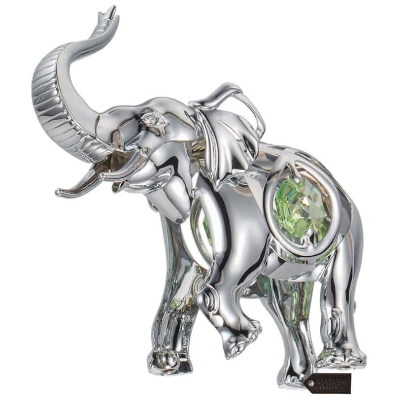 Matashi Home Decorative Showpiece Chrome Plated Silver Elephant with Open Mouth Ornament with Mint Green and Clear-Cut Crystals