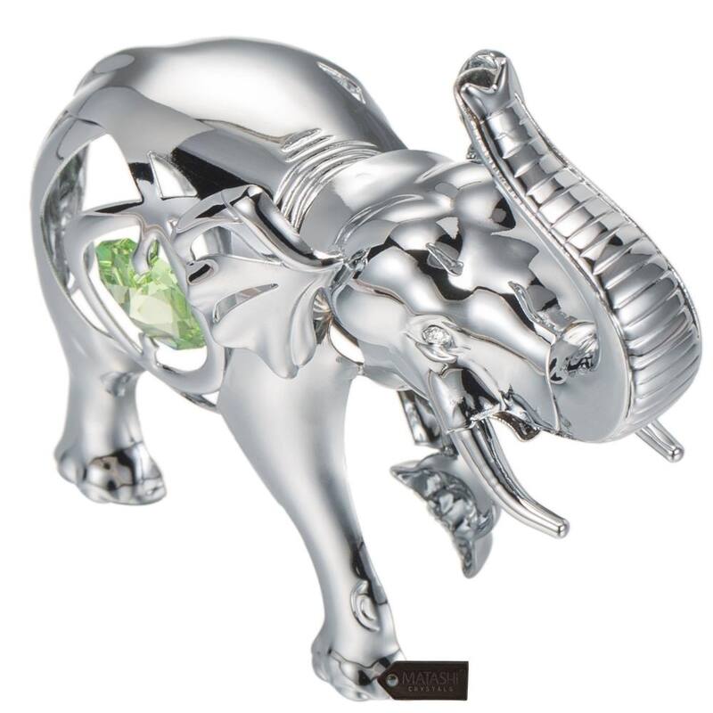 Matashi Home Decorative Showpiece Chrome Plated Silver Elephant with Open Mouth Ornament with Mint Green and Clear-Cut Crystals