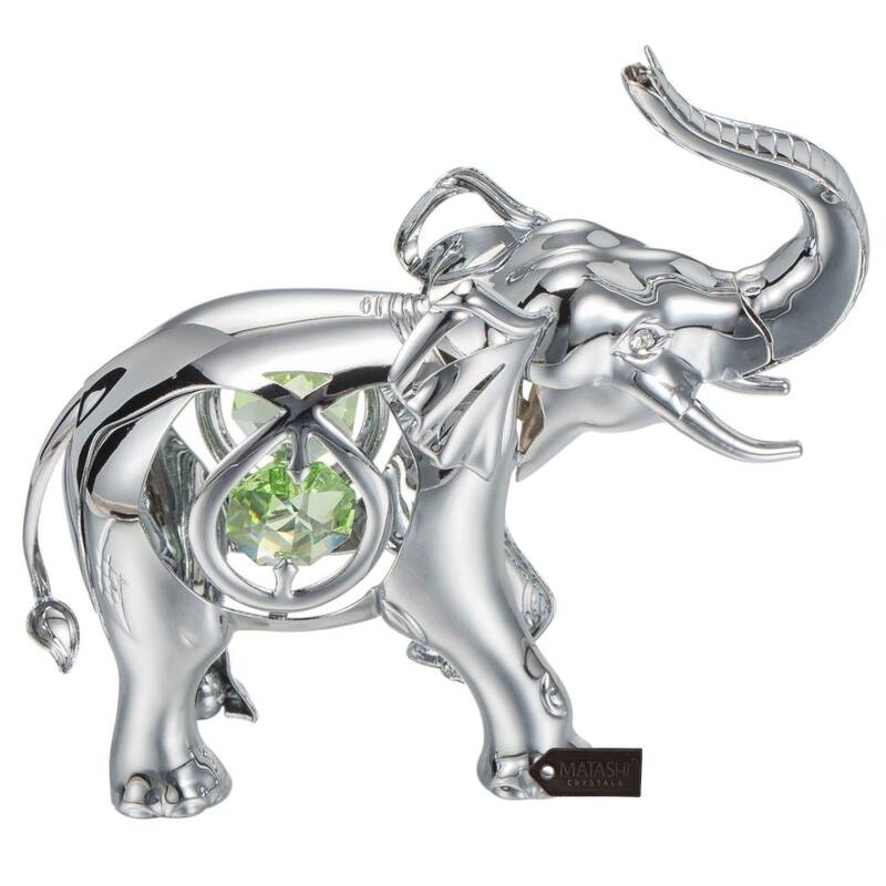 Matashi Home Decorative Showpiece Chrome Plated Silver Elephant with Open Mouth Ornament with Mint Green and Clear-Cut Crystals