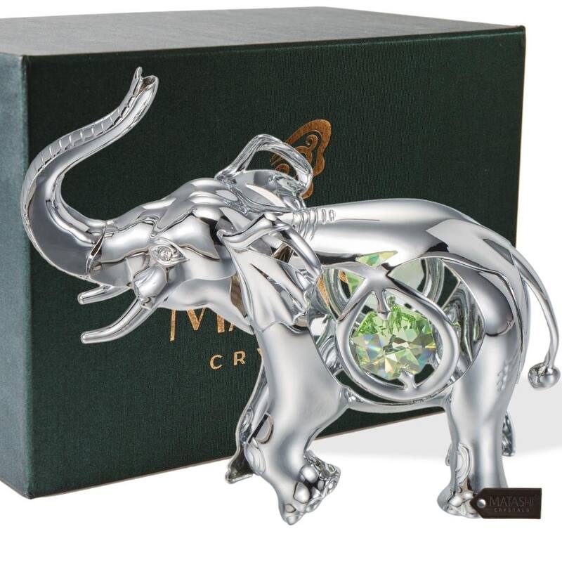 Matashi Home Decorative Showpiece Chrome Plated Silver Elephant with Open Mouth Ornament with Mint Green and Clear-Cut Crystals