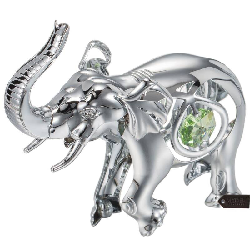 Matashi Home Decorative Showpiece Chrome Plated Silver Elephant with Open Mouth Ornament with Mint Green and Clear-Cut Crystals