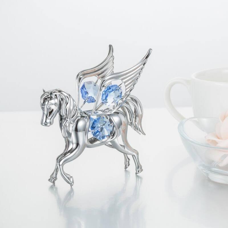 Matashi Home Decorative Showpiece Chrome Plated Silver Pegasus Ornament with Blue Crystals