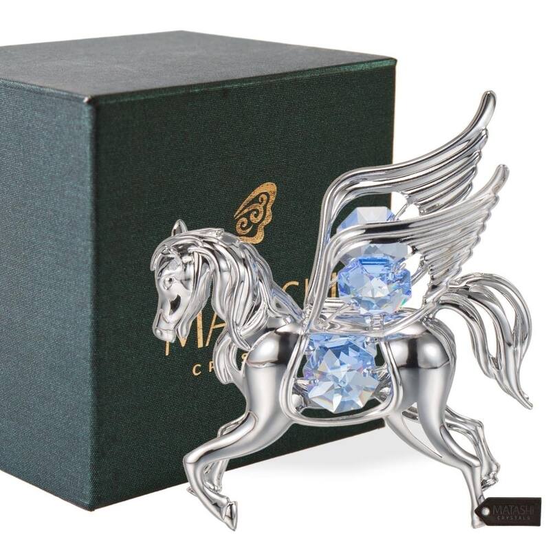 Matashi Home Decorative Showpiece Chrome Plated Silver Pegasus Ornament with Blue Crystals