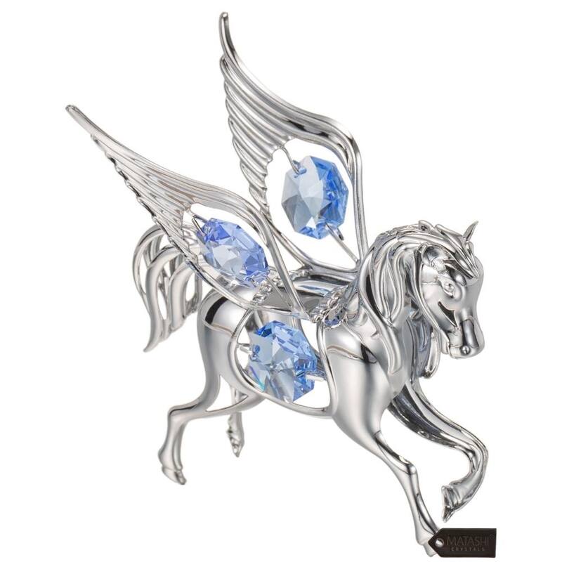 Matashi Home Decorative Showpiece Chrome Plated Silver Pegasus Ornament with Blue Crystals