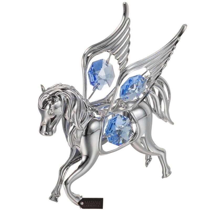 Matashi Home Decorative Showpiece Chrome Plated Silver Pegasus Ornament with Blue Crystals