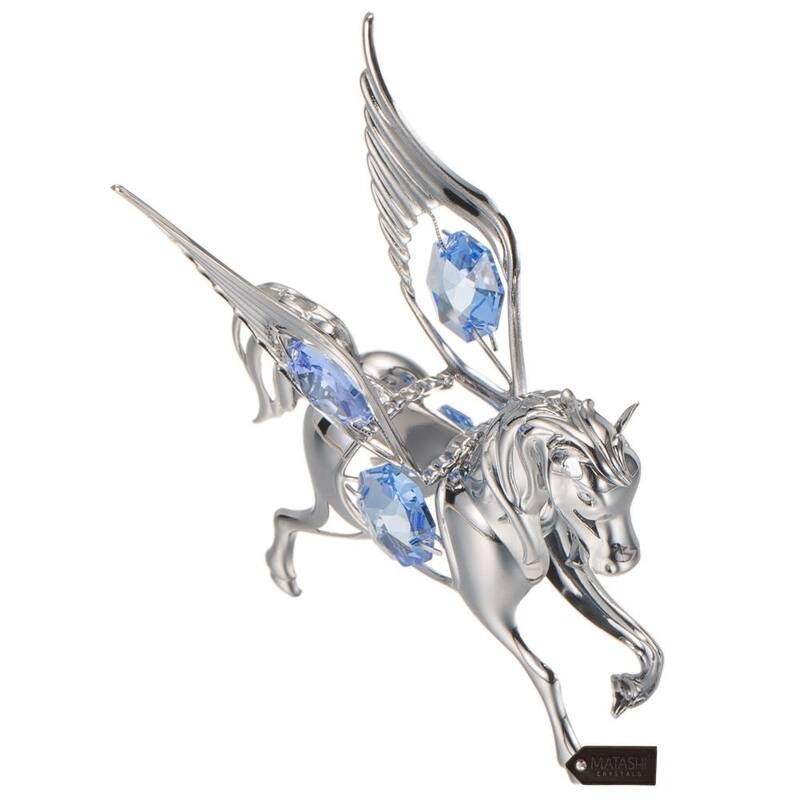 Matashi Home Decorative Showpiece Chrome Plated Silver Pegasus Ornament with Blue Crystals
