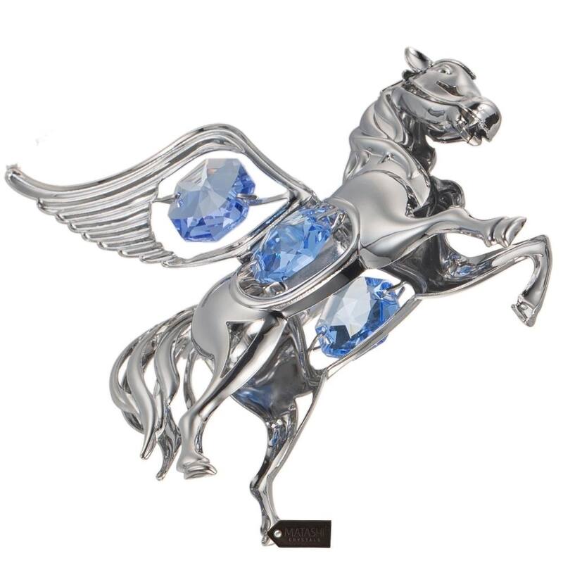 Matashi Home Decorative Showpiece Chrome Plated Silver Pegasus Ornament with Blue Crystals