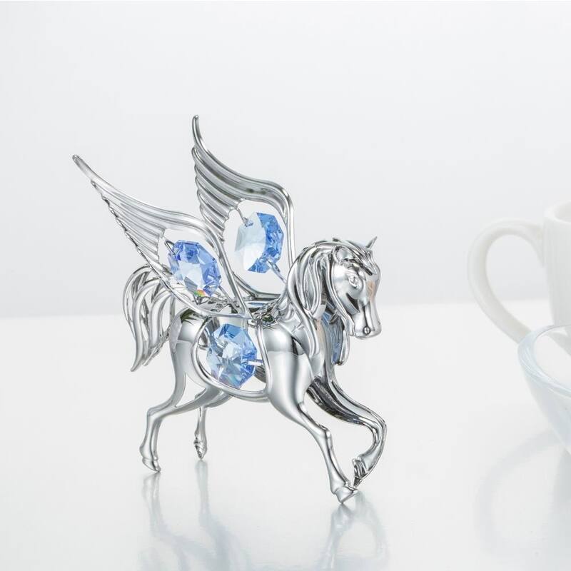 Matashi Home Decorative Showpiece Chrome Plated Silver Pegasus Ornament with Blue Crystals