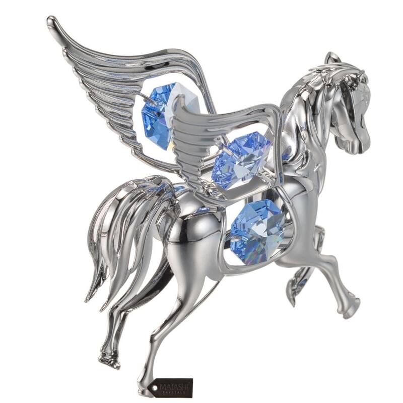 Matashi Home Decorative Showpiece Chrome Plated Silver Pegasus Ornament with Blue Crystals