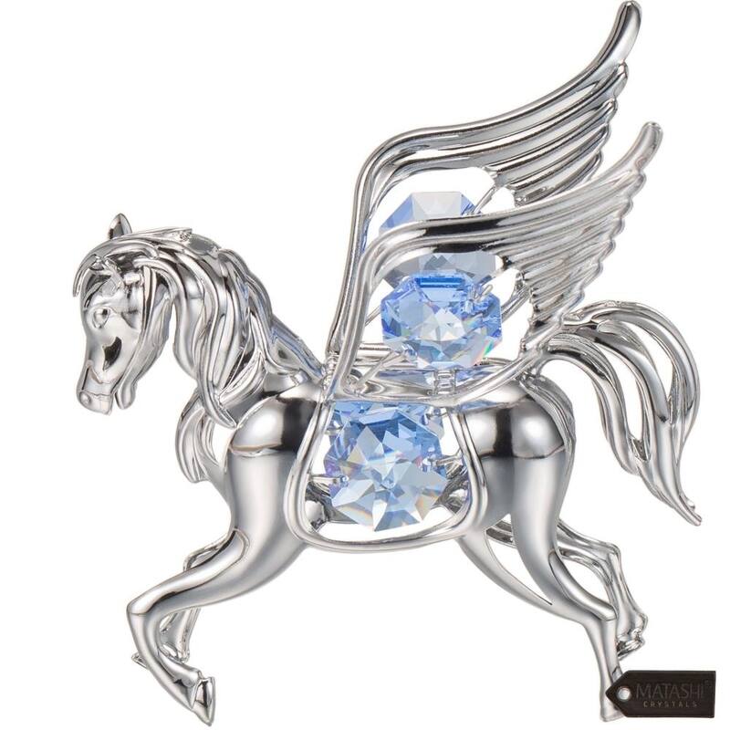 Matashi Home Decorative Showpiece Chrome Plated Silver Pegasus Ornament with Blue Crystals