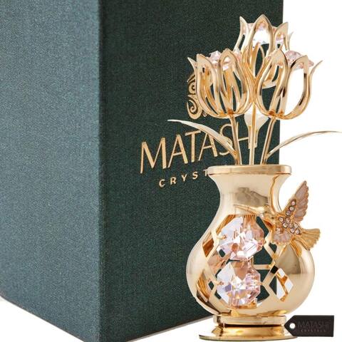 Matashi Home Decorative Showpiece 24K Gold Plated Crystal Studded Flower Ornament in a Vase with Hummingbird Pink Crystals)