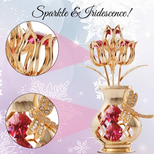 Matashi Home Decorative Showpiece 24k Gold Plated Crystal Studded Flower Ornament In A Vase With Dragonfly Red Crystals Overstock 30264331
