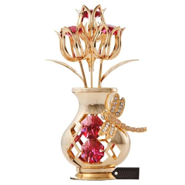 24K Gold Plated Flowers Bouquet and Vase w/ Colorful Matashi Crystals