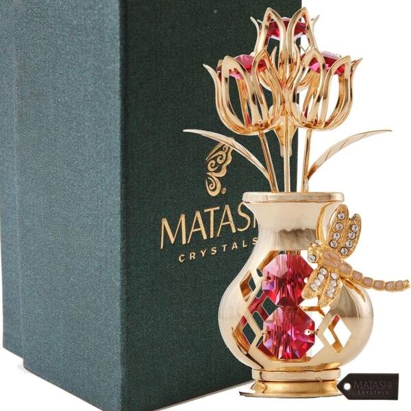 Matashi Home Decorative Showpiece 24k Gold Plated Crystal Studded Flower Ornament In A Vase With Dragonfly Red Crystals Overstock 30264331