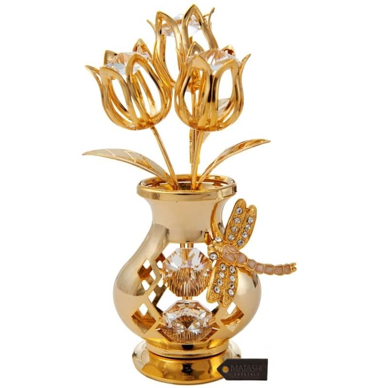 Matashi Home Decorative Showpiece 24K Gold Plated Crystal Studded Flower Ornament in a Vase with Dragonfly (Clear Crystals)