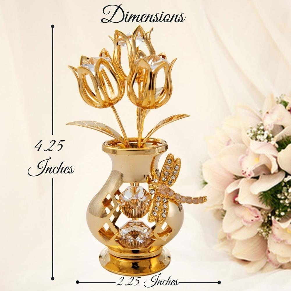 Matashi Home Decorative Showpiece 24k Gold Plated Crystal Studded Flower Ornament In A Vase With Dragonfly Clear Crystals Overstock 30264340