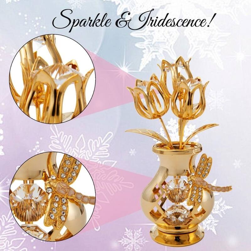 Matashi Home Decorative Showpiece 24K Gold Plated Crystal Studded Flower Ornament in a Vase with Dragonfly (Clear Crystals)