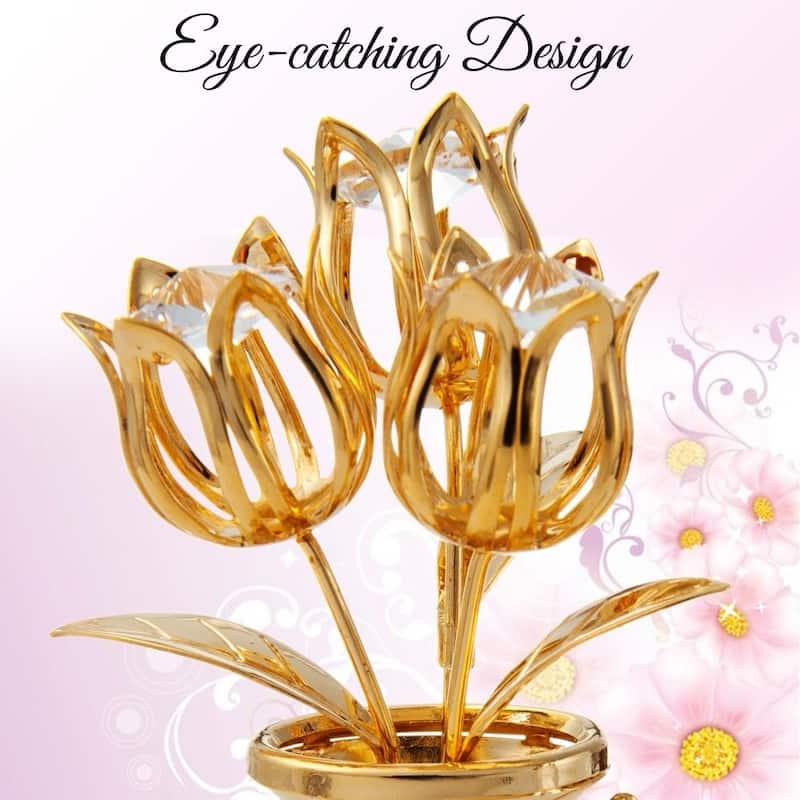 Matashi Home Decorative Showpiece 24K Gold Plated Crystal Studded Flower Ornament in a Vase with Dragonfly (Clear Crystals)