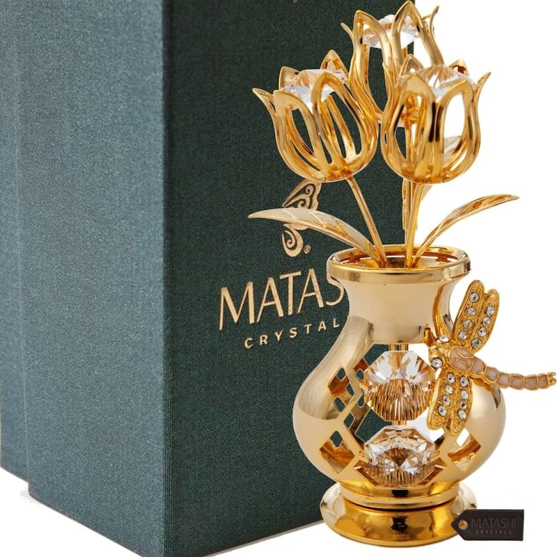 Matashi Home Decorative Showpiece 24K Gold Plated Crystal Studded Flower Ornament in a Vase with Dragonfly (Clear Crystals)
