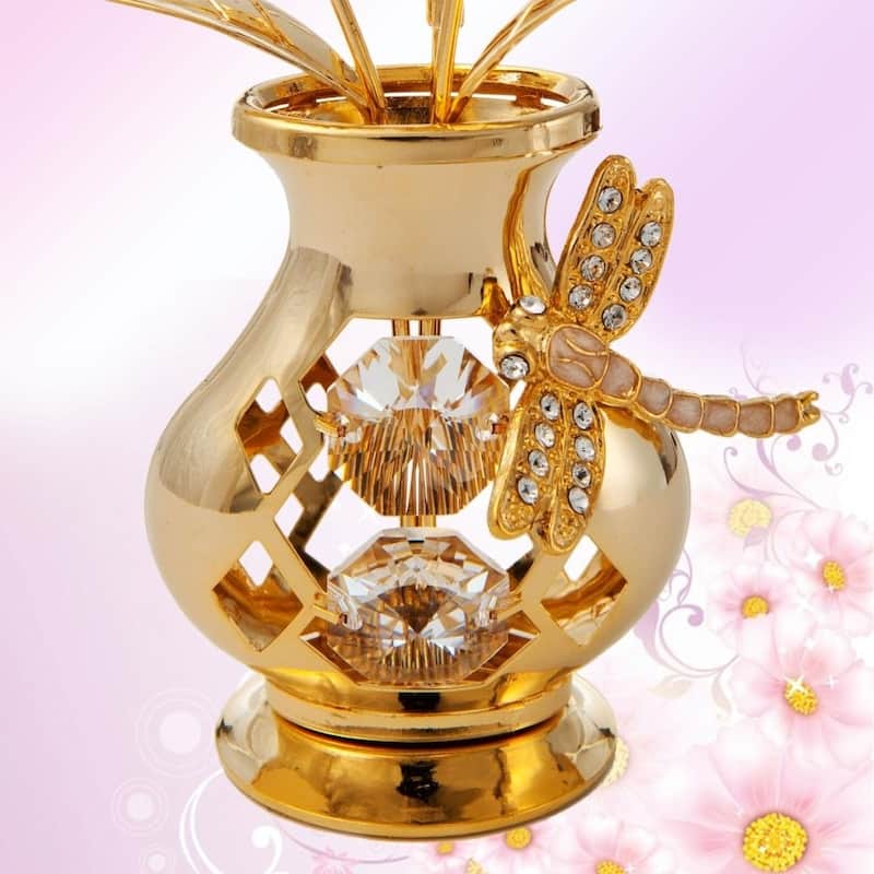 Matashi Home Decorative Showpiece 24K Gold Plated Crystal Studded Flower Ornament in a Vase with Dragonfly (Clear Crystals)