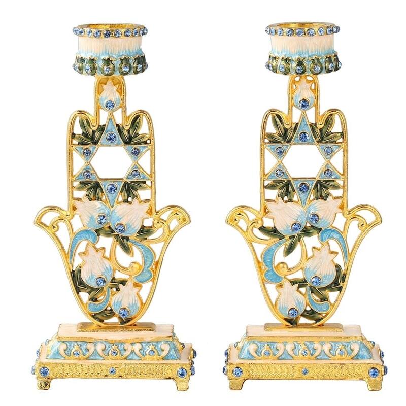 Matashi (2-Piece Set) Home Decorative Shabbat Candlestick Hand-Painted, Gold Plated Pewter, Hamsa Adorned with Star of David